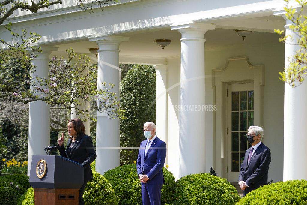 Andrew Harnik Vice President Kamala Harris accompanied by President Joe Biden and Attorney General Merrick Garland, speaks about gun violence prevention in the Rose Garden at the White House, Thursday, April 8, 2021, in Washington. (AP Photo/Andrew Harnik)