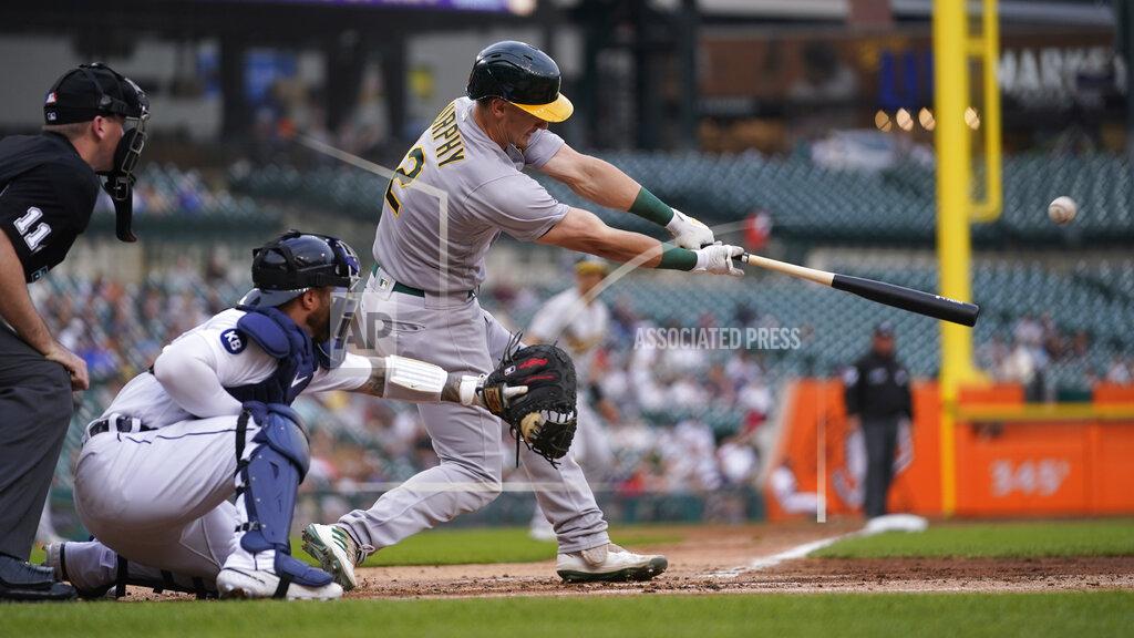Paul Sancya Oakland Athletics' Sean Murphy his a one-run single against the Detroit Tigers in the first inning of a baseball game in Detroit, Wednesday, May 11, 2022. (AP Photo/Paul Sancya)