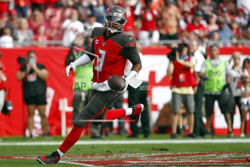 Mark Lomoglio Tampa Bay Buccaneers quarterback Jameis Winston (3) scores on a two-point converion against the Atlanta Falcons during the first half of an NFL football game Sunday, Dec. 29, 2019, in Tampa, Fla. (AP Photo/Mark LoMoglio)