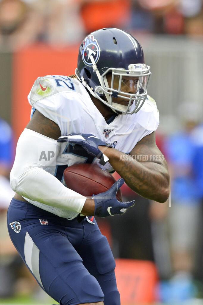 David Richard Tennessee Titans running back Derrick Henry rushes for a 1-yard touchdown during the first half in an NFL football game against the Cleveland Browns, Sunday, Sept. 8, 2019, in Cleveland. (AP Photo/David Richard)