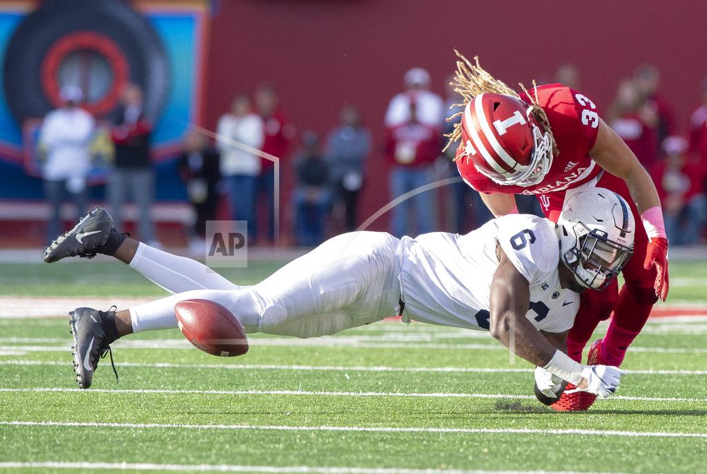 Doug Mcschooler Penn State linebacker Cam Brown (6) hits Indiana running back Ricky Brookins (33) to break up a pass play during the first half of an NCAA college football game Saturday, Oct. 20, 2018, in Bloomington, Ind. (AP Photo/Doug McSchooler)