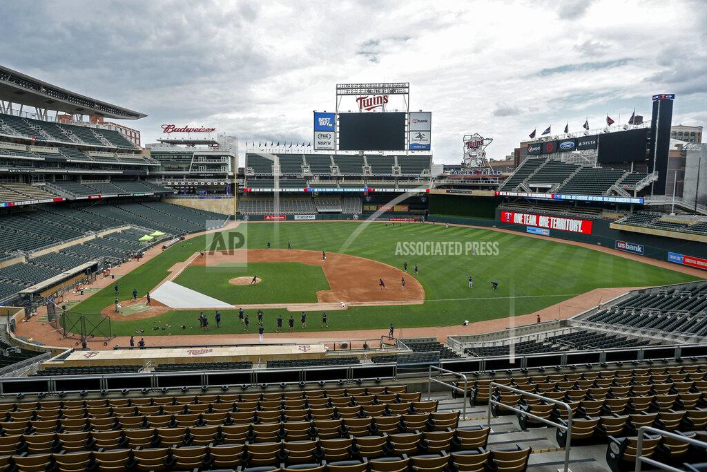 Bruce Kluckhohn The Minnesota Twins run drills on Target Field at a baseball camp iMonday, July 6, 2020, in Minneapolis. (AP Photo/Bruce Kluckhohn)