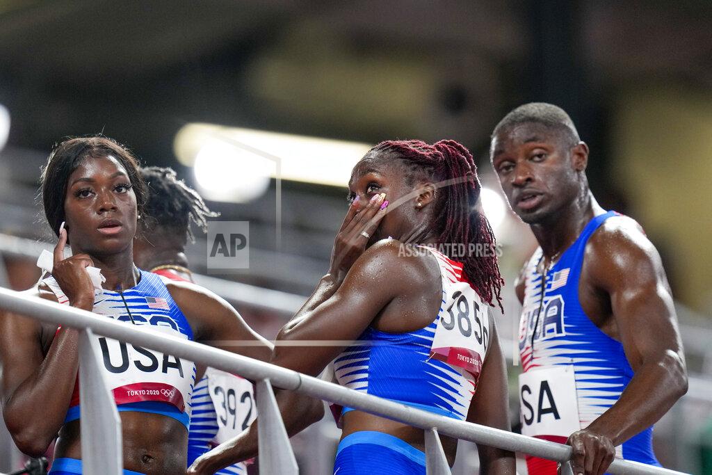 Petr David Josek Lynna Irby of the United States wipes a tear away after the 4 x 400-meter mixed relay at the 2020 Summer Olympics, Friday, July 30, 2021, in Tokyo. (AP Photo/Petr David Josek)