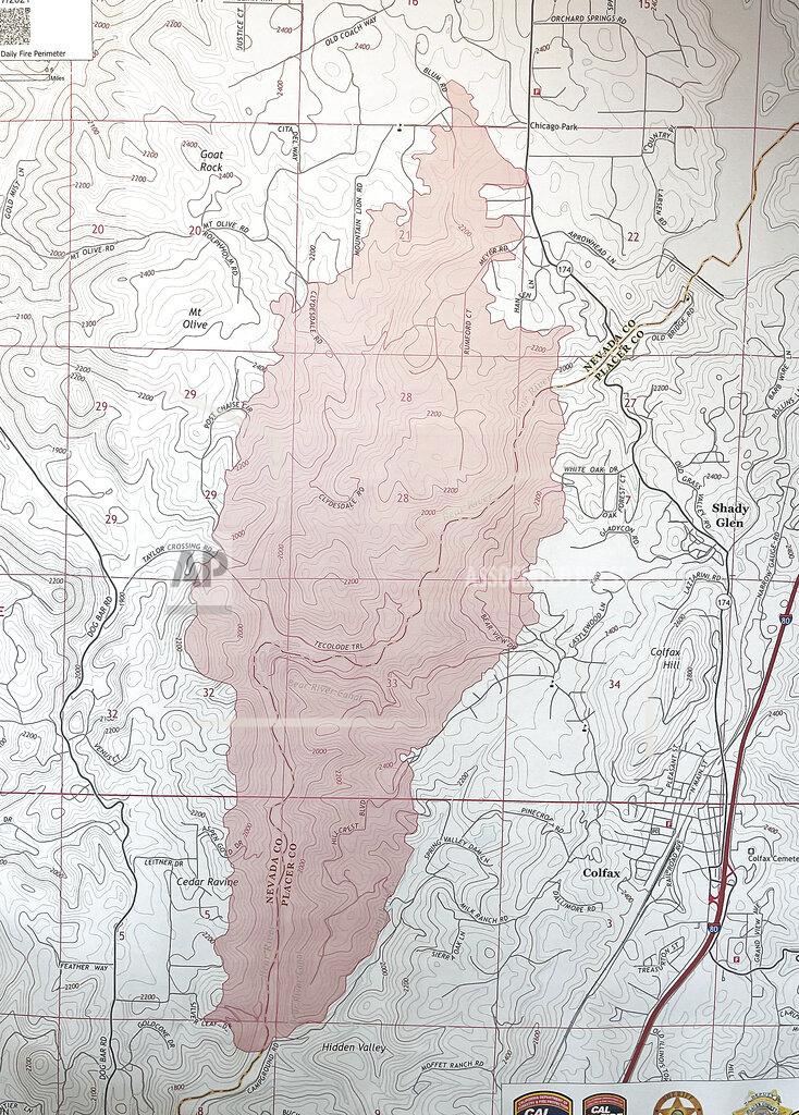 Elias Funez The fire map of the River Fire, which started Wednesday Aug. 4, shows the 2.600 acre footprint which straddles the Nevada County and Placer County borders, Aug. 7, 2021. (Elias Funez/The Union via AP)