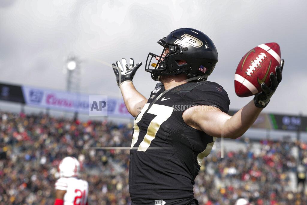 Michael Conroy Purdue tight end Payne Durham (87) celebrates a touchdown against Nebraska during the first half of an NCAA college football game in West Lafayette, Ind., Saturday, Nov. 2, 2019. (AP Photo/Michael Conroy)