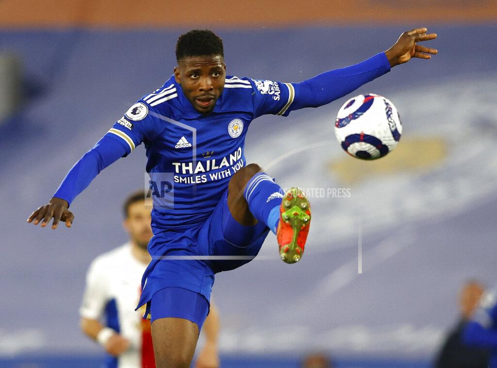 Adrian Dennis Leicester's Kelechi Iheanacho controls the ball during the English Premier League soccer match between Leicester City and Crystal Palace at the King Power Stadium in Leicester, England, Monday, April 26, 2021. (Adrian Dennis/Pool via AP)
