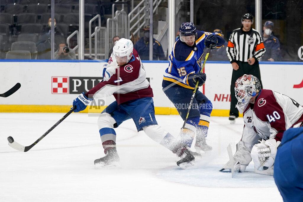 Jeff Roberson Colorado Avalanche's Devon Toews (7) clears a puck as goaltender Devan Dubnyk (40) and St. Louis Blues' Jordan Kyrou (25) watch during the second period of an NHL hockey game Thursday, April 22, 2021, in St. Louis. (AP Photo/Jeff Roberson)