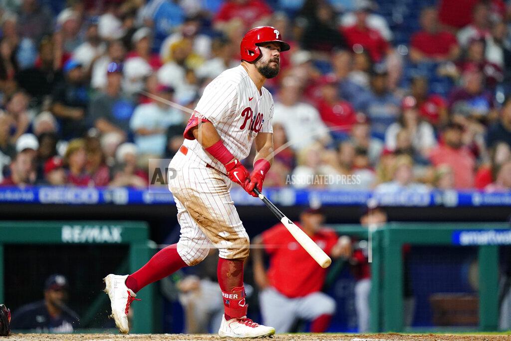 Matt Slocum Philadelphia Phillies' Kyle Schwarber follows through after hitting a home run against Washington Nationals pitcher Josiah Gray during the sixth inning of a baseball game, Wednesday, July 6, 2022, in Philadelphia. (AP Photo/Matt Slocum)