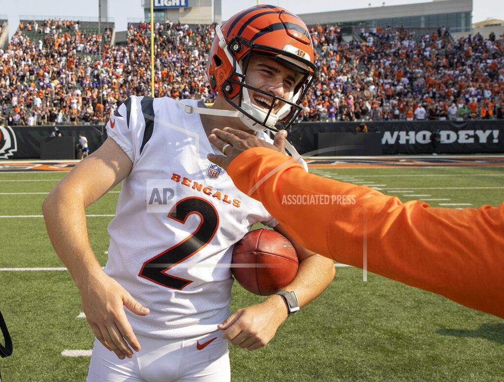 Carlos Gonzalez Cincinnati Bengals kicker Evan McPherson reacts at the end of an NFL football game against the Minnesota Vikings, Sunday, Sept. 12, 2021, in Cincinnati. McPherson made a winning field goal. (Carlos Gonzalez/Star Tribune via AP)