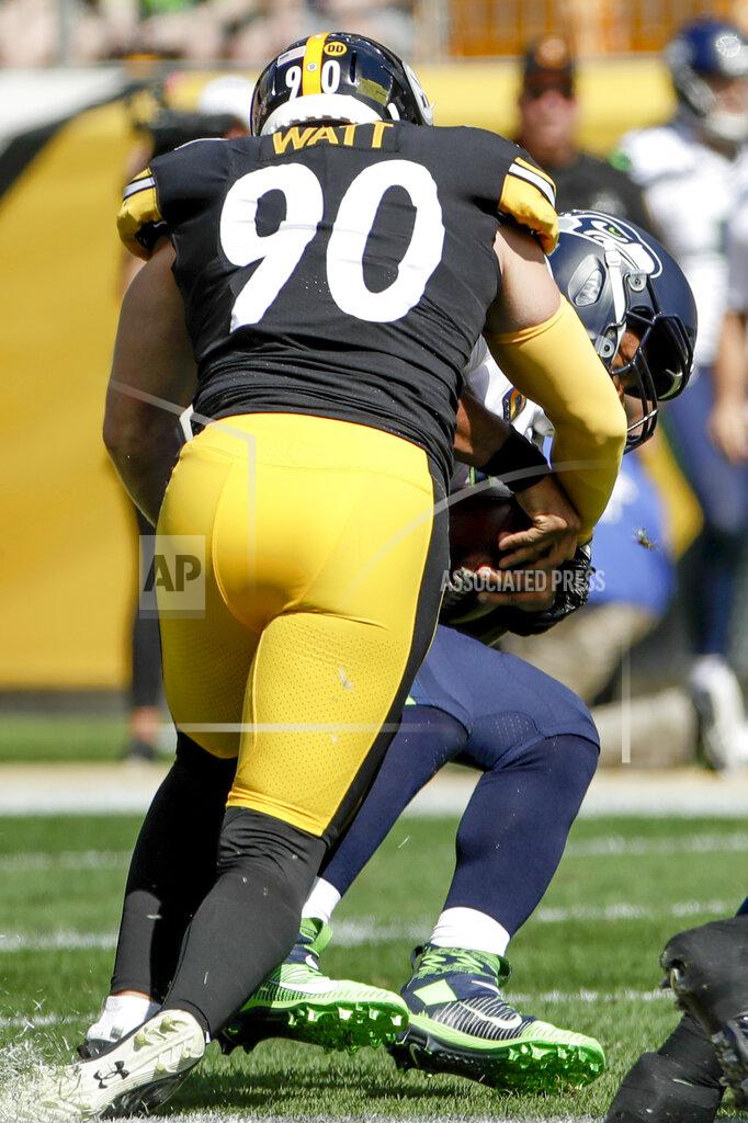 Gene J. Puskar Pittsburgh Steelers outside linebacker T.J. Watt (90) sacks Seattle Seahawks quarterback Russell Wilson (3) in the first half of an NFL football game, Sunday, Sept. 15, 2019, in Pittsburgh. (AP Photo/Gene J. Puskar)