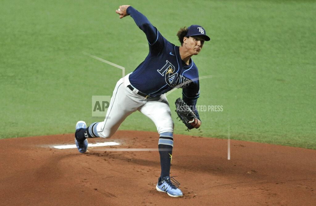 Tampa Bay Rays starter Tyler Glasnow pitches to a Boston Red Sox batter during the first inning of a baseball game Saturday, Sept. 12, 2020, in St. Petersburg, Fla. (AP Photo/Steve Nesius)
