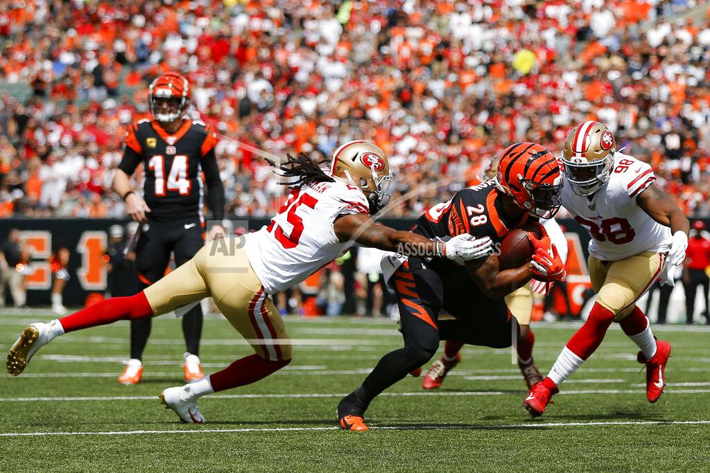 Frank Victores Cincinnati Bengals running back Joe Mixon (28) runs the ball against San Francisco 49ers cornerback Richard Sherman (25) during the first half an NFL football game, Sunday, Sept. 15, 2019, in Cincinnati. (AP Photo/Frank Victores)