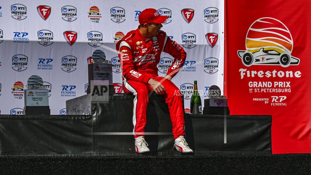 Steve Nesius Team Penske driver Scott McLaughlin sits on the winner's podium at Victory Lane after winning the Grand Prix of St. Petersburg Sunday, Feb.27, 2022, in St. Petersburg, Fla. (AP Photo/Steve Nesius)