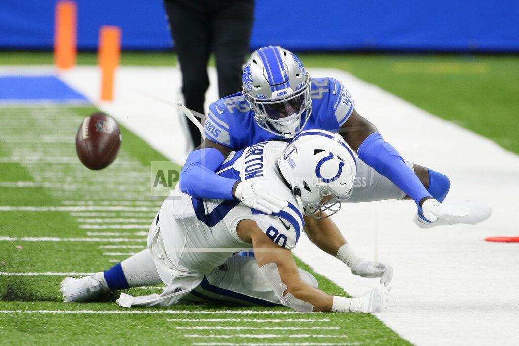 Duane Burleson Detroit Lions safety Jayron Kearse deflects a pass intended for Indianapolis Colts tight end Trey Burton (80) during the second half of an NFL football game, Sunday, Nov. 1, 2020, in Detroit. (AP Photo/Duane Burleson)