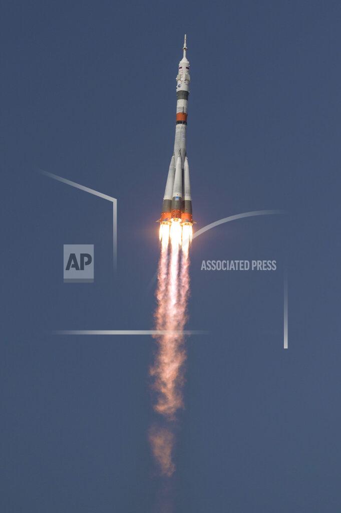 Bill Ingalls In this image provided by NASA, the Soyuz MS-18 rocket is launched with NASA astronaut Mark Vande Hei, Roscosmos cosmonauts Pyotr Dubrov and Oleg Novitskiy, Friday, April 9, 2021, at the Baikonur Cosmodrome in Kazakhstan. The Russian-U.S. trio of space travelers launched successfully Friday, heading for the International Space Station.(Bill Ingalls/NASA via AP)