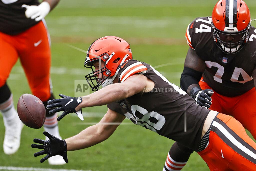 Ron Schwane Cleveland Browns tight end Harrison Bryant (88) fumbles the ball during the first half of an NFL football game against the Las Vegas Raiders, Sunday, Nov. 1, 2020, in Cleveland. (AP Photo/Ron Schwane)