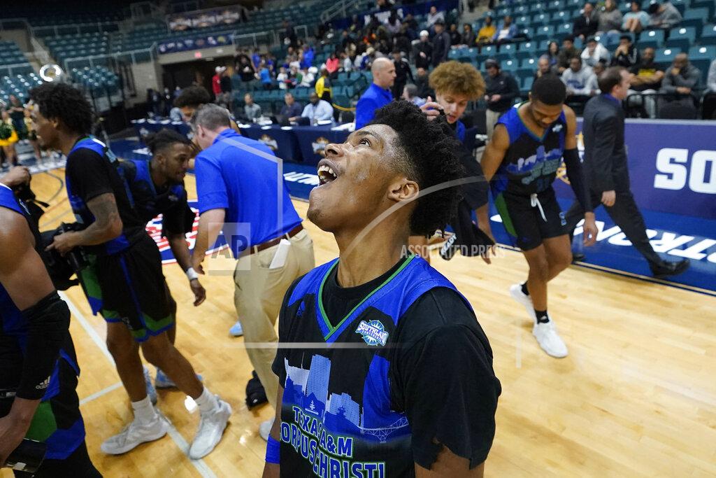 David J. Phillip Texas A&M Corpus Christi's Terrion Murdix celebrates after the Southland Conference tournament NCAA college basketball game final against the Southeastern Louisiana Saturday, March 12, 2022, in Katy, Texas. Texas A&M Corpus Christi won 73-65.(AP Photo/David J. Phillip)