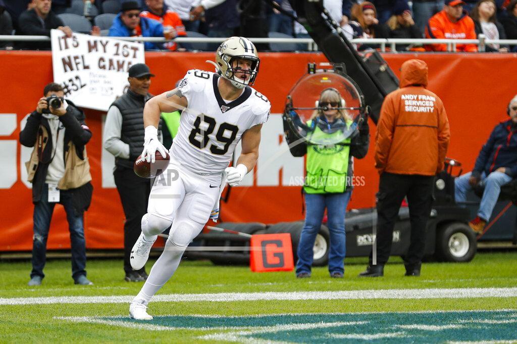Charles Rex Arbogast New Orleans Saints tight end Josh Hill (89) runs in for a touchdown against the Chicago Bears during the first half of an NFL football game in Chicago, Sunday, Oct. 20, 2019. (AP Photo/Charles Rex Arbogast)