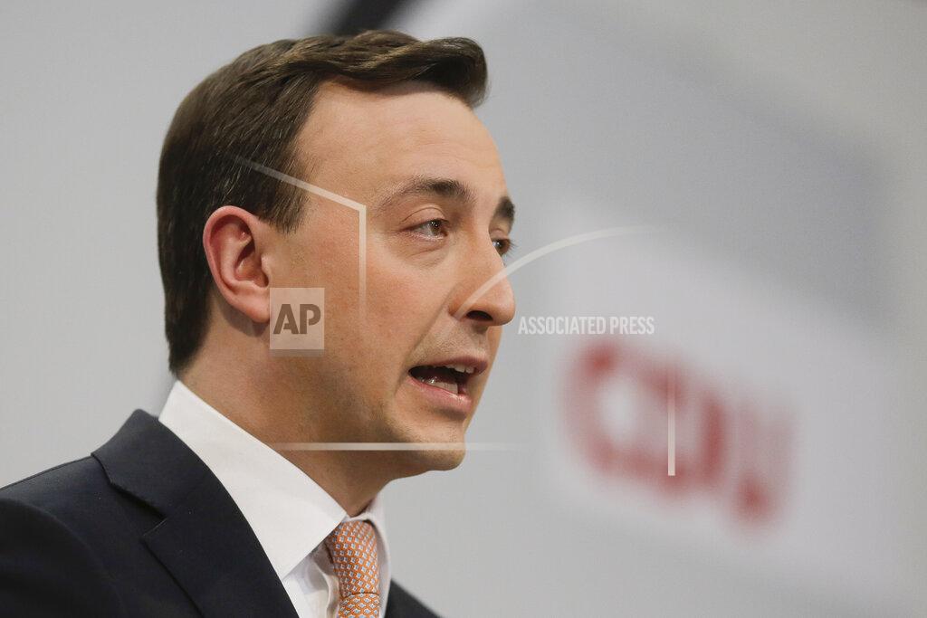 Markus Schreiber Christian Democratic Union party, CDU, Secretary General Paul Ziemiak holds a statement after projections of the regional election in federal German states Baden Wuerttemberg and Rhineland-Palatinate was announced at the party's headquarters in Berlin, Germany, Sunday, March 14, 2021. (AP Photo/Markus Schreiber, Pool)