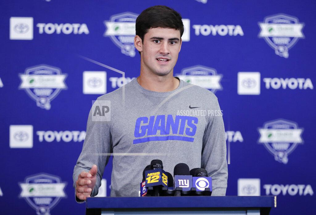 New York Giants' Daniel Jones responds to questions during a news conference at the NFL football team's training camp in Thursday, July 25, 2019, in East Rutherford, N.J. (AP Photo/Frank Franklin II)
