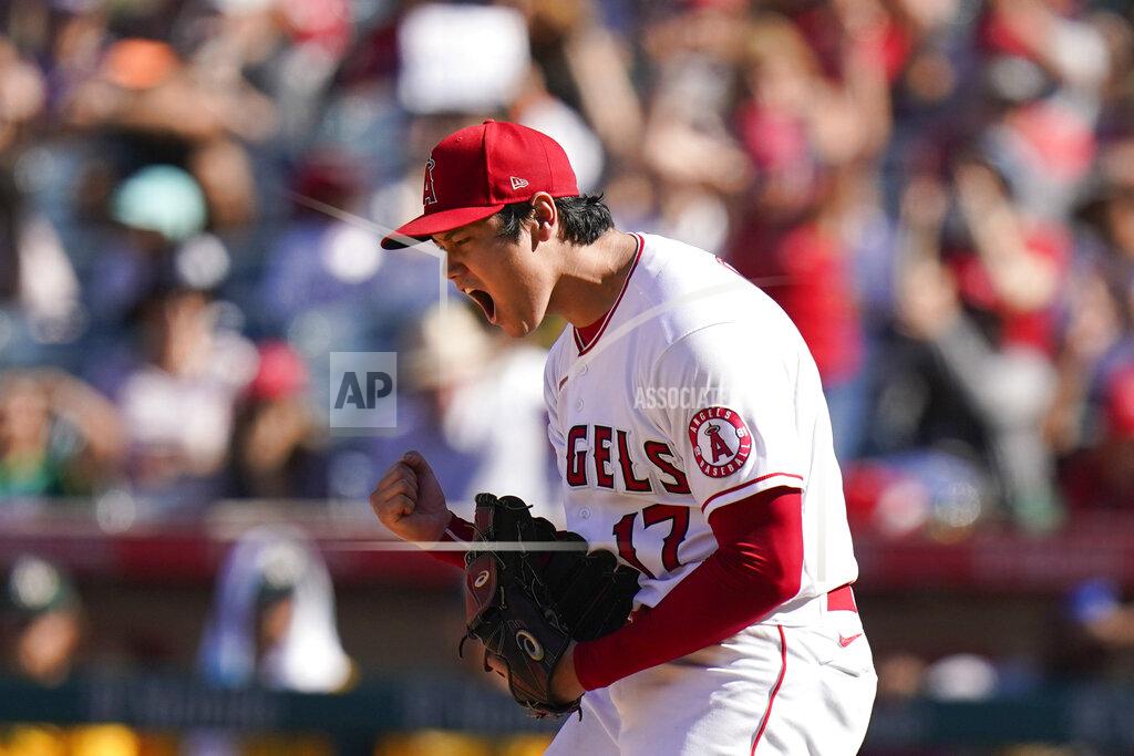 Jae C. Hong Los Angeles Angels starting pitcher Shohei Ohtani, of Japan, reacts after striking out Oakland Athletics' Matt Chapman to end the eighth inning of a baseball game Sunday, Sept. 19, 2021, in Anaheim, Calif. (AP Photo/Jae C. Hong)