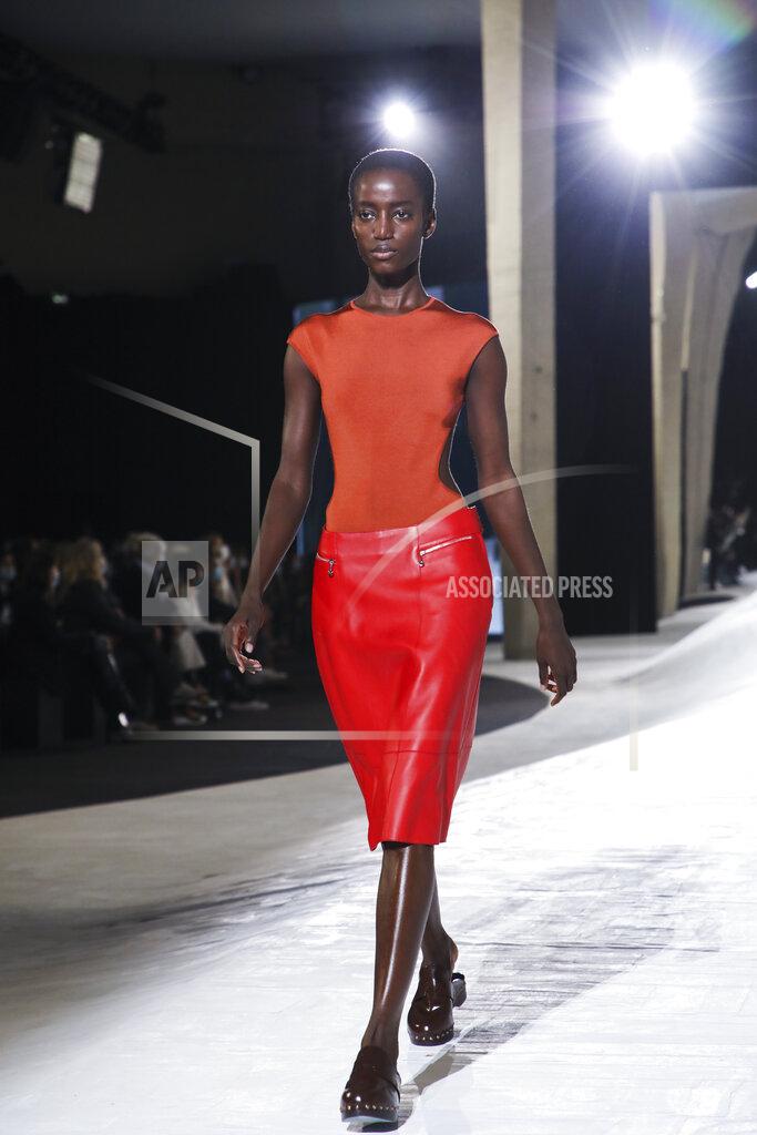 Vianney Le Caer A model wears a creation for the Hermes Spring-Summer 2021 fashion collection, Saturday, Oct. 3, 2020, during Paris fashion week. (Photo by Vianney Le Caer/Invision/AP)