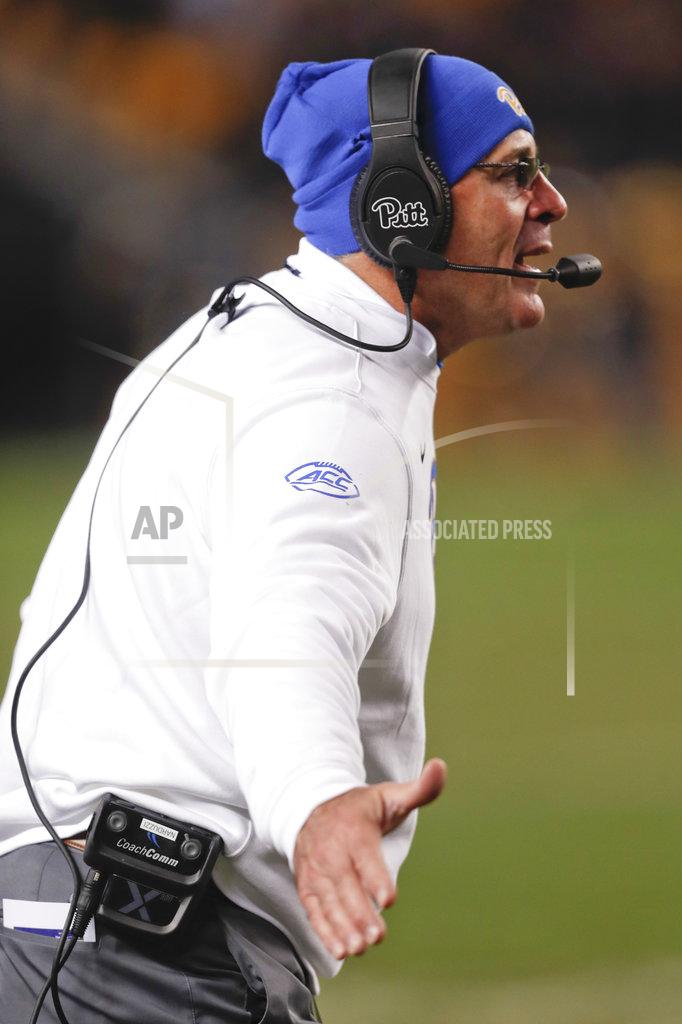 Keith Srakocic Pittsburgh head coach Pat Narduzzi welcomes his team off the field after they scored against Virginia Tech in the third quarter of an NCAA football game, Saturday, Nov. 10, 2018, in Pittsburgh. Pittsburgh won 52-22.(AP Photo/Keith Srakocic)