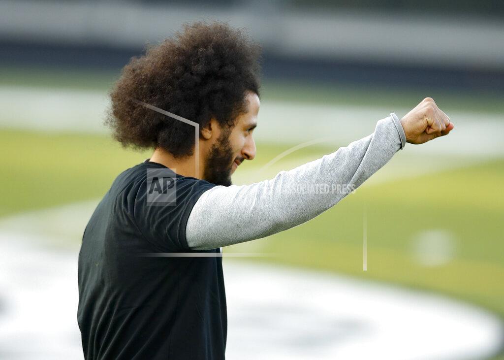 Todd Kirkland Free agent quarterback Colin Kaepernick participates in a workout for NFL football scouts and media, Saturday, Nov. 16, 2019, in Riverdale, Ga. (AP Photo/Todd Kirkland)