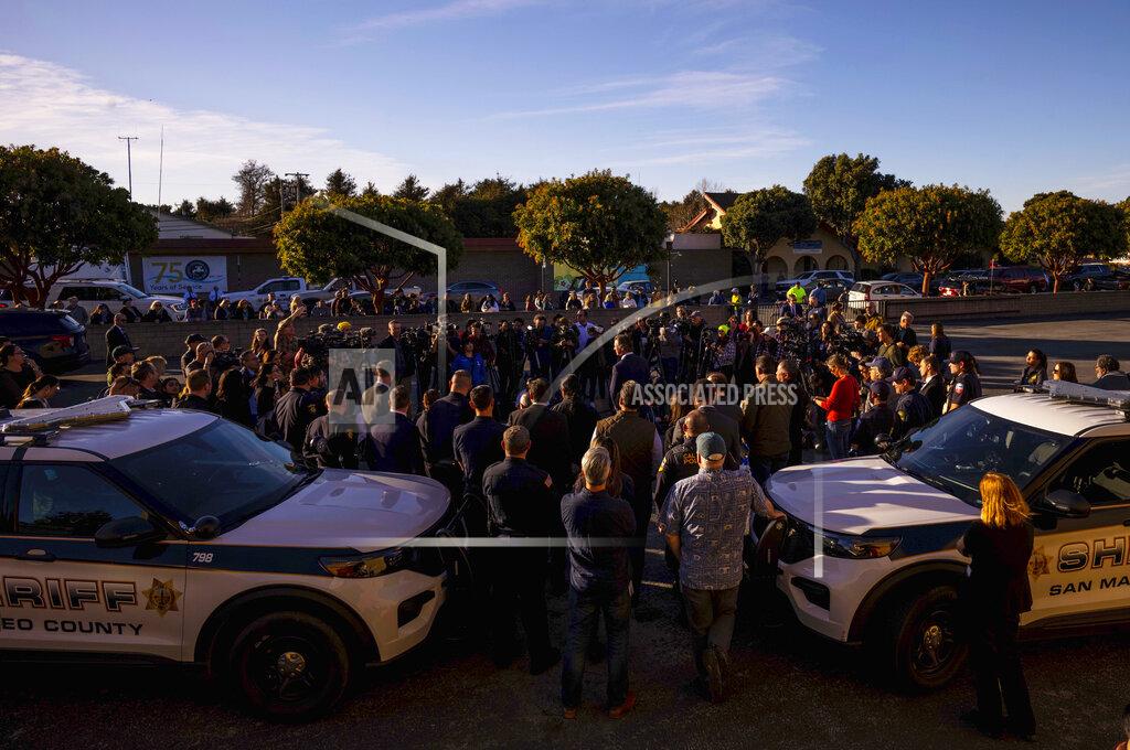 Aaron Kehoe Gov. Gavin Newsom speaks to victims' families, local leaders and community members impacted by the fatal shootings a day earlier, at the I.D.E.S. Portuguese Hall in Half Moon Bay, Calif., Tuesday, Jan. 24, 2023. (AP Photo/ Aaron Kehoe)