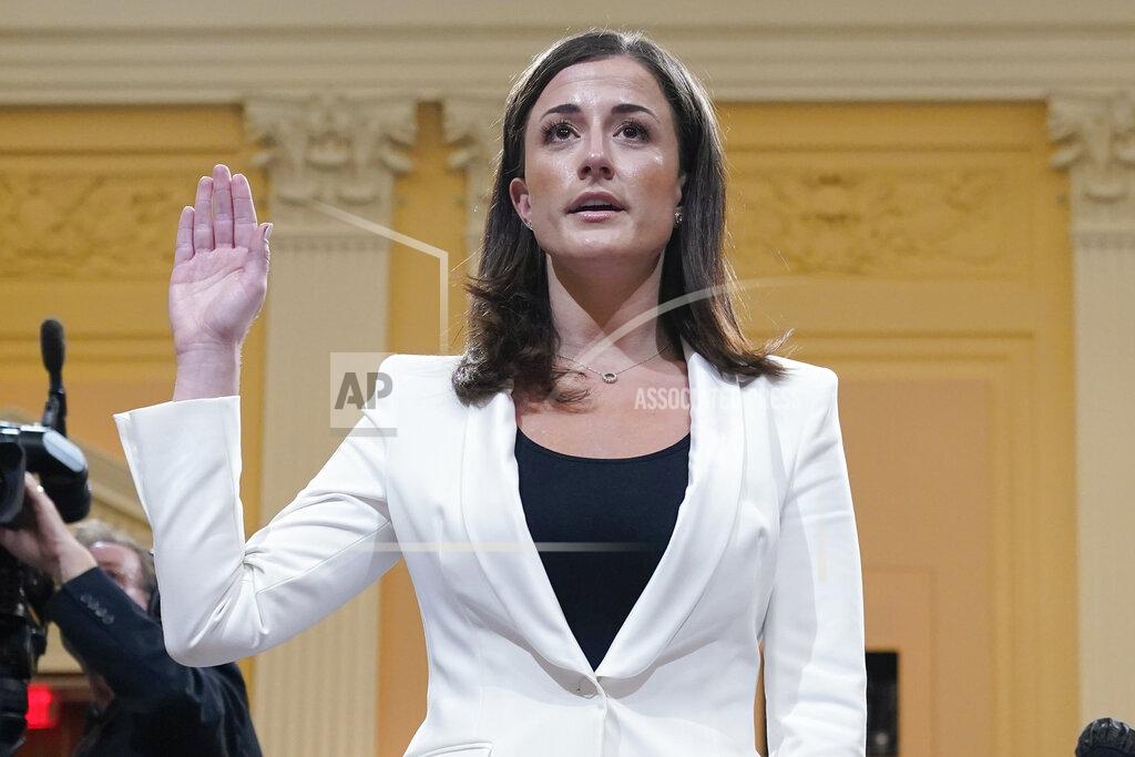 Jacquelyn Martin Cassidy Hutchinson, former aide to Trump White House chief of staff Mark Meadows, is sworn in to testify as the House select committee investigating the Jan. 6 attack on the U.S. Capitol continues to reveal its findings of a year-long investigation, at the Capitol in Washington, Tuesday, June 28, 2022. (AP Photo/Jacquelyn Martin)