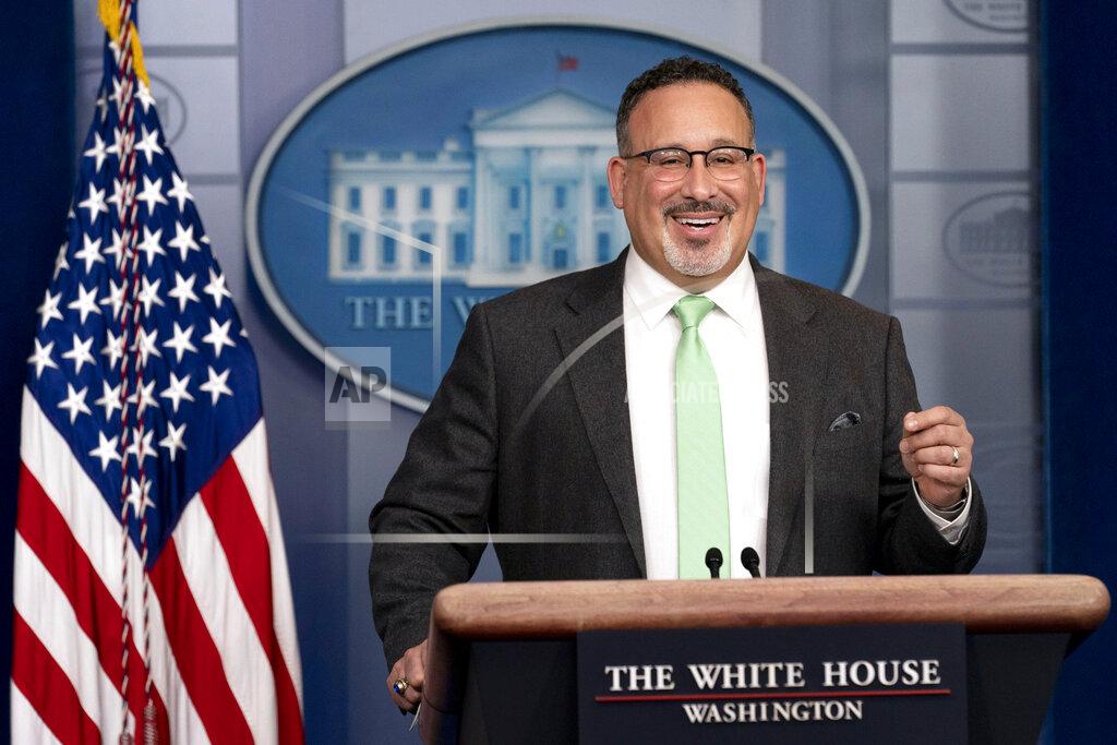 Andrew Harnik Education Secretary Miguel Cardona speaks during a press briefing at the White House, Wednesday, March 17, 2021, in Washington. (AP Photo/Andrew Harnik)