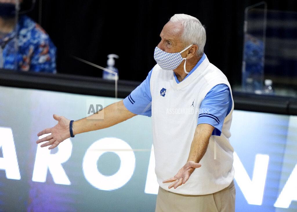 Kathy Kmonicek North Carolina head coach Roy Williams reacts to his team in the second half of an NCAA college basketball game for the championship of the Maui Invitational, Wednesday, Dec. 2, 2020, in Asheville, N.C. Texas won 69-67. (AP Photo/Kathy Kmonicek)