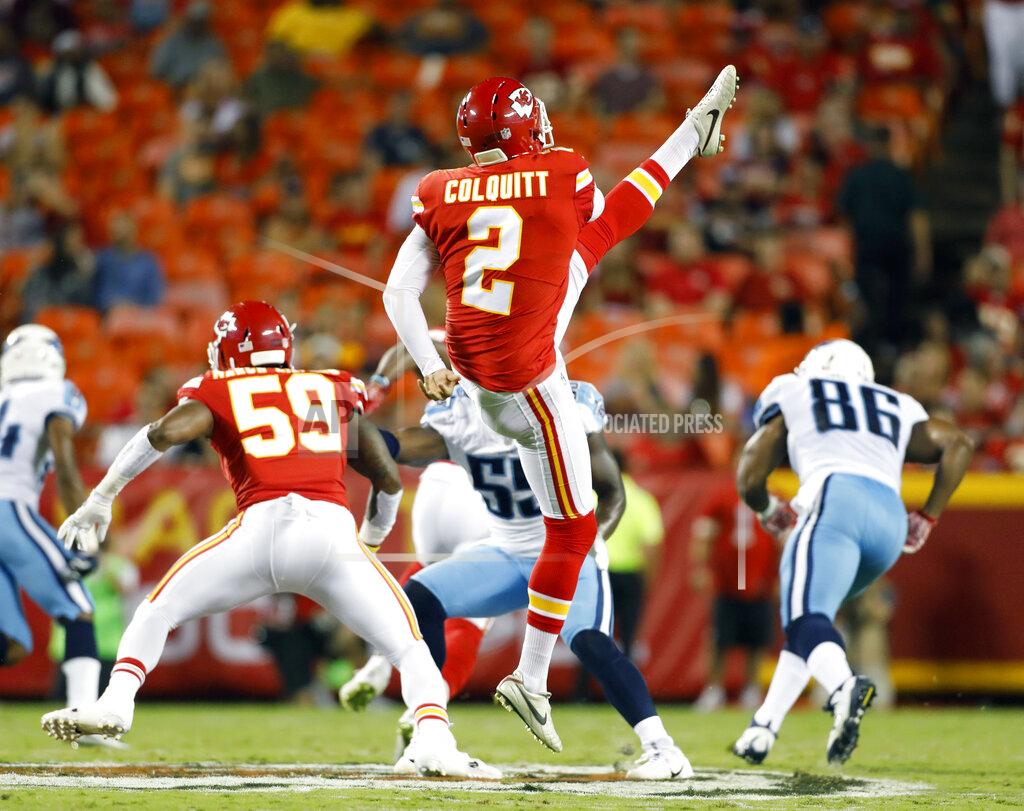 Colin E. Braley FILE - In this Aug. 31, 2017, file photo, Kansas City Chiefs' Dustin Colquitt (2) punts during the first half of an NFL preseason football game against the Tennessee Titans, in Kansas City, Mo. On Sunday, Sept. 22, 2019 Colquitt will suit up for the 225th time in a Chiefs uniform, surpassing Will Shields for the franchise record. (AP Photo/Colin E. Braley, File)