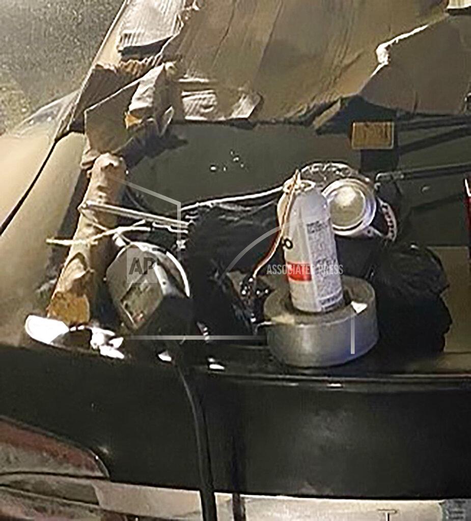This photo, provided by the New York City Police Department, Monday, Jan.4, 2021, shows the hoax explosive device at a mall in the Queens borough of New York. A police spokesman said that an initial investigation showed there was no explosive device. "An investigation is underway into the hoax," NYPD Sergeant Edward Riley said in an emailed statement. (New York City Police Dept. via AP)