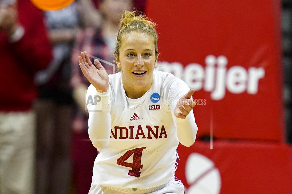 Michael Conroy Indiana guard Nicole Cardano-Hillary (4) celebrates in the second half of a college basketball game against Princeton in the second round of the NCAA tournament in Bloomington, Ind., Monday, March 21, 2022. Indiana defeated Princeton 56-55. (AP Photo/Michael Conroy)