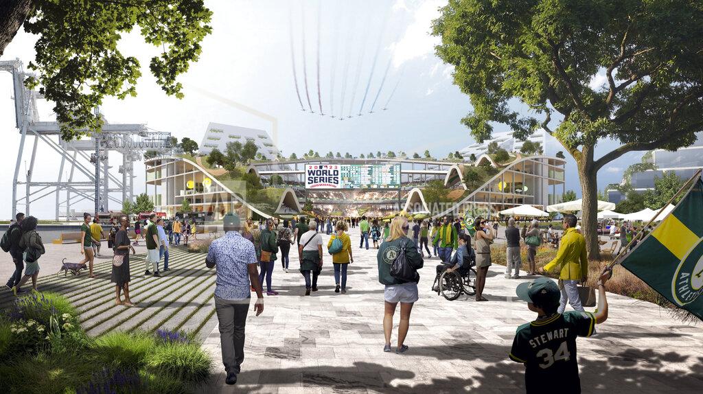 Big -Bjarke Ingels Group FILE - This rendering provided by the Oakland Athletics and BIG - Bjarke Ingels Group, shows an exterior view of the baseball club's proposed new ballpark at Howard Terminal in Oakland, Calif. The Oakland City Council approved preliminary terms for a new $12 billion waterfront ballpark project for the Athletics, Tuesday, July 20, 2021. But it's not clear if the 6-1 vote will be enough to keep the A's at the negotiating table instead of leaving the city. (Courtesy of BIG - Bjarke Ingels Group/Oakland Athletics via AP, File)