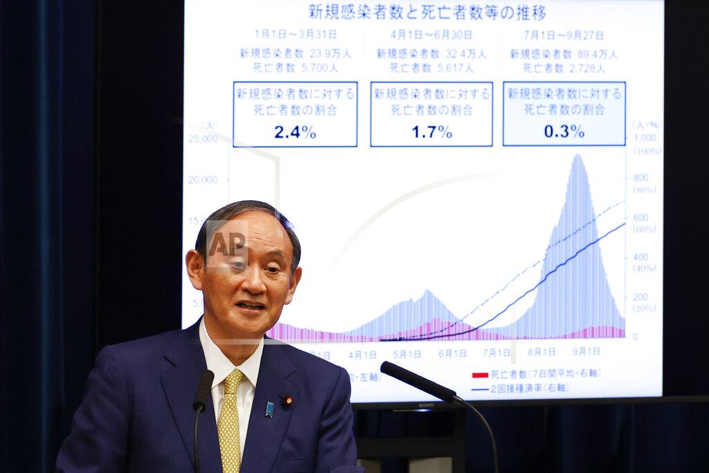 Rodrigo Reyes Marin Japan's Prime Minister Yoshihide Suga speaks during a press conference at the prime minister's official residence, Tuesday, Sept. 28, 2021, in Tokyo. Suga announced the coronavirus state of emergency will end Thursday so the economy can be reactivated as infections slow. (Rodrigo Reyes Marin/Pool Photo via AP)