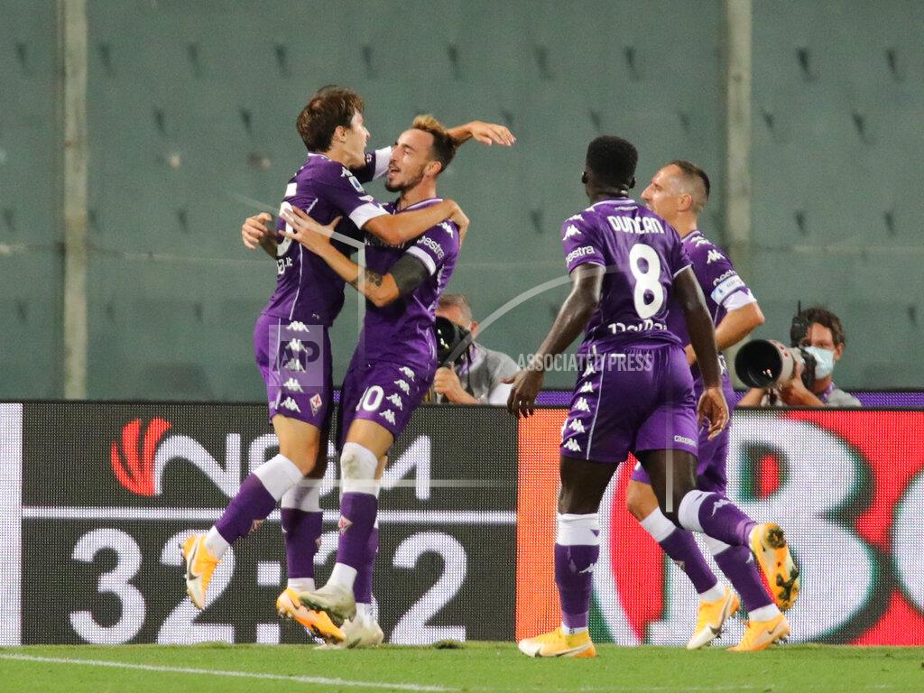 Marco Bucco Fiorentina's Gaetano Castrovilli, second from left, celebrates with teammates after scoring his side's first and decisive goal during the Italian Serie A soccer match between Fiorentina and Torino, at the Artemio Franchi stadium, in Florence, Italy, Saturday, Sept. 19, 2020 (Marco Bucco/LaPresse via AP)