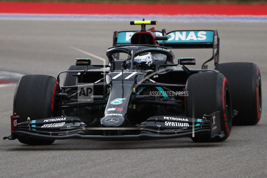 Maxim Shemetov Mercedes driver Valtteri Bottas of Finland steers his car during the qualification for the upcoming Russian Formula One Grand Prix, at the Sochi Autodrom circuit, in Sochi, Russia, Saturday, Sept. 26, 2020. The Russian Formula One Grand Prix will take place on Sunday. (Maxim Shemetov/Pool Photo via AP)