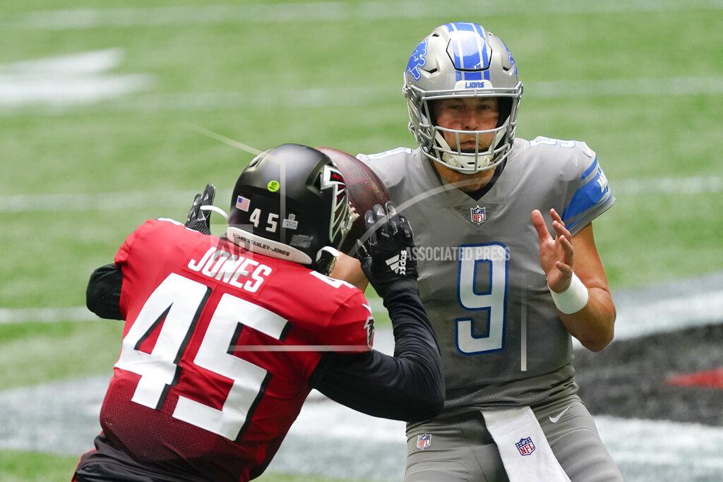 John Bazemore Atlanta Falcons linebacker Deion Jones (45) prepares to sack Detroit Lions quarterback Matthew Stafford (9) during the second half of an NFL football game, Sunday, Oct. 25, 2020, in Atlanta. (AP Photo/John Bazemore)