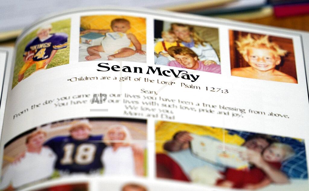 A yearbook page from Los Angeles Rams coach Sean McVay's senior year a Marist School is displayed during an interview for the NFL Super Bowl 53 football game Friday, Feb. 1, 2019, in Atlanta. McVay was the starting quarterback his senior year at Marist when the team won the state championship in 2003. (AP Photo/David J. Phillip)