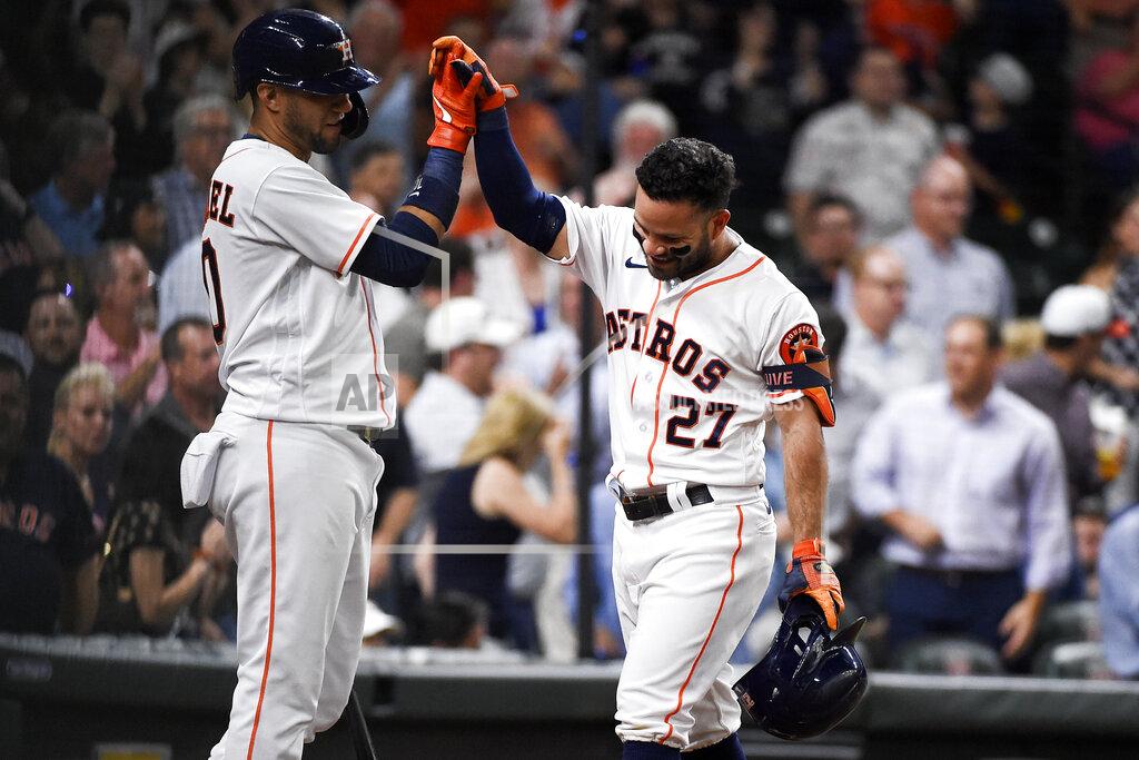 Eric Christian Smith Houston Astros' Jose Altuve (27) celebrates his solo home run with Yuli Gurriel during the third inning of the team's baseball game against the Cleveland Indians, Tuesday, July 20, 2021, in Houston. (AP Photo/Eric Christian Smith)
