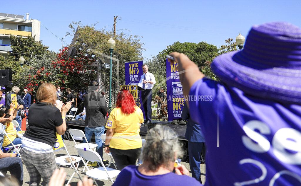 Shae Hammond California Gov. Gavin Newsom speaks during a rally at St. Mary's Center in Oakland, Calif., Saturday, Sept. 11, 2021. The last day to vote in the recall election is Tuesday, Sept. 14. A majority of voters must mark "no" on the recall to keep Newsom in office. (Shae Hammond/Bay Area News Group via AP)