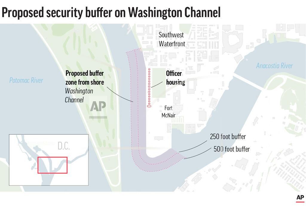 Map shows the location of Fort McNair and surrounding area along with the proposed buffer zone. Proposed new restrictions along Fort McNair’s Southwest Waterfront would protect army housing.
