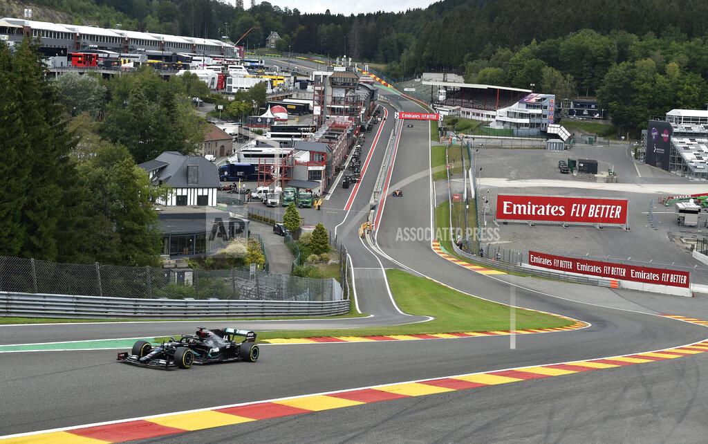John Thys Mercedes driver Lewis Hamilton of Britain steers his car during the first practice session prior to the Formula One Grand Prix at the Spa-Francorchamps racetrack in Spa, Belgium Friday, Aug. 28, 2020. (John Thys, Pool via AP)