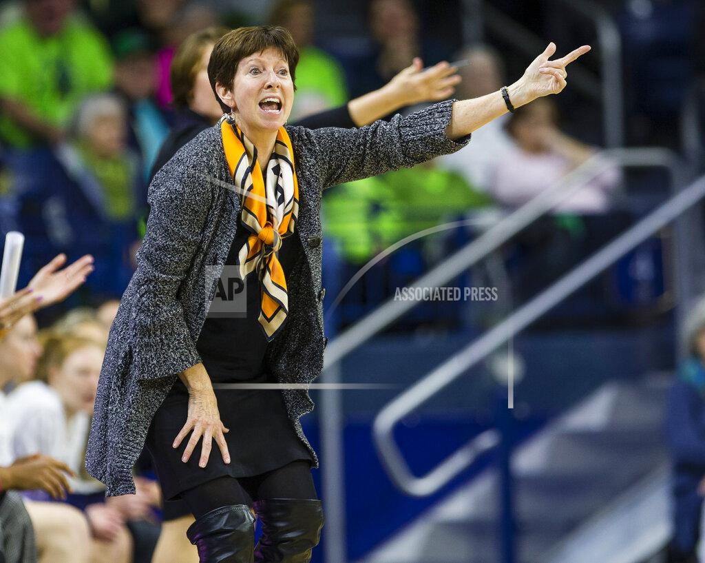 Michael Caterina Notre Dame head coach Muffet McGraw argues a call during an NCAA college basketball game against Boston College, Thursday, Jan. 9, 2020, in South Bend, Indiana. (Michael Caterina/South Bend Tribune via AP)