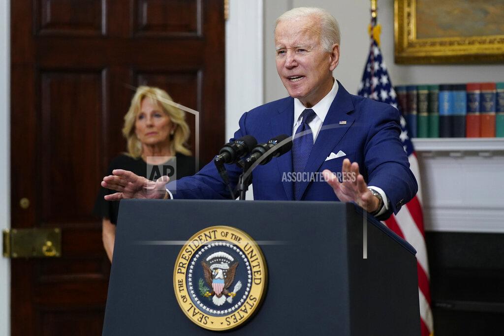 Manuel Balce Ceneta President Joe Biden speaks to the nation about the mass shooting at Robb Elementary School in Uvalde, Texas, from the White House, in Washington, Tuesday, May 24, 2022, as first lady Jill Biden listens. (AP Photo/Manuel Balce Ceneta)
