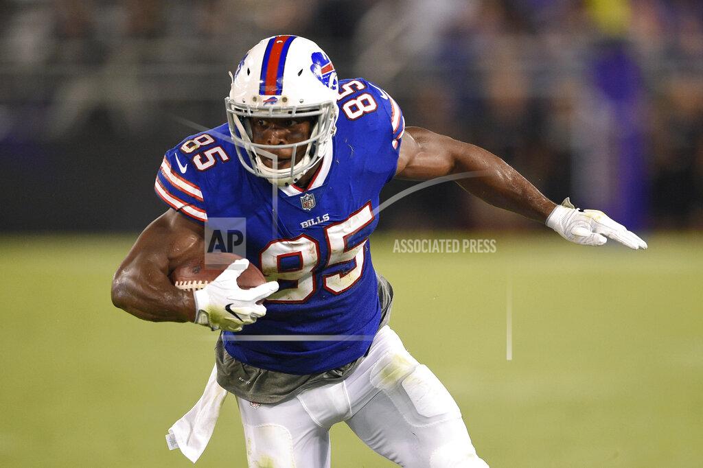 Nick Wass FILE - In this Aug. 26, 2017, file photo, Buffalo Bills tight end Charles Clay rushes the ball in the first half of a preseason NFL football game against the Baltimore Ravens in Baltimore. The Bills have released underperforming and high-priced veteran tight end Charles Clay, on Friday, Feb. 15, 2019. (AP Photo/Nick Wass, File)