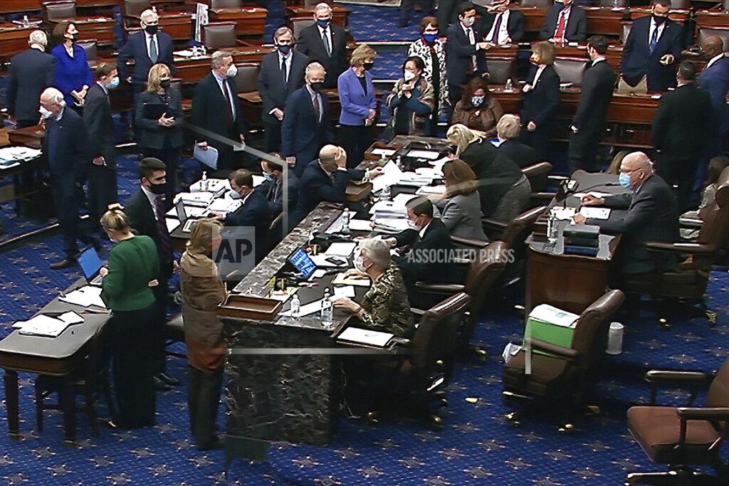 Uncredited In this image from video, Democratic senators stand as they wait for the announcement that the Senate version of the COVID-19 relief bill has passed by a vote of 50-49 in the Senate at the U.S. Capitol in Washington, Saturday, March 6, 2021. (Senate Television via AP)