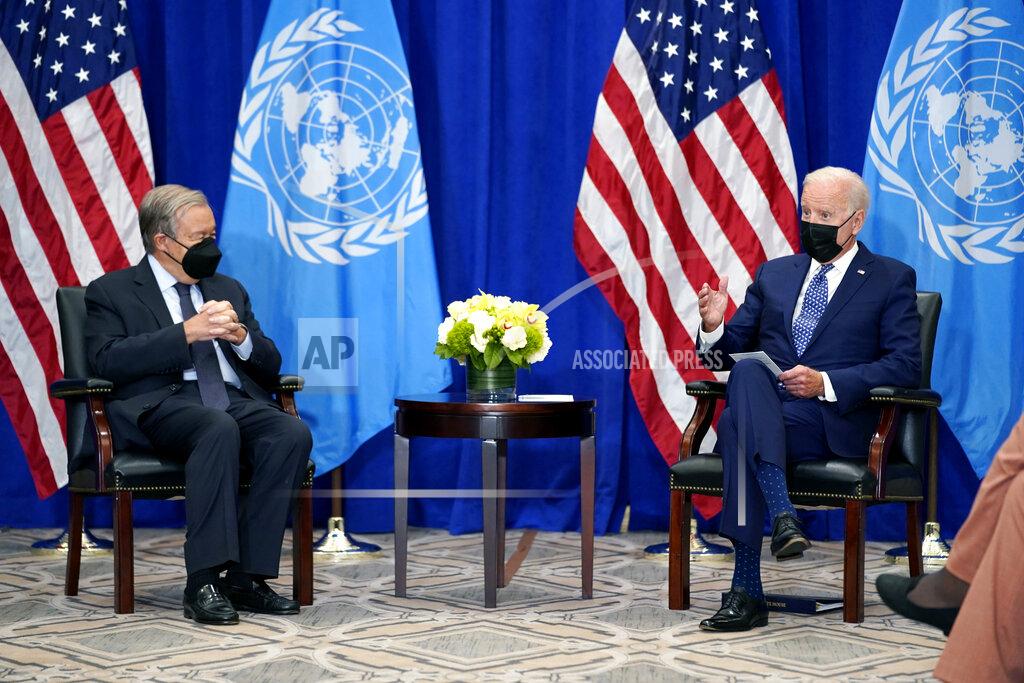 Evan Vucci President Joe Biden meets with United Nations Secretary General Antonio Guterres at the Intercontinental Barclay Hotel during the United Nations General Assembly, Monday, Sept. 20, 2021, in New York. (AP Photo/Evan Vucci)